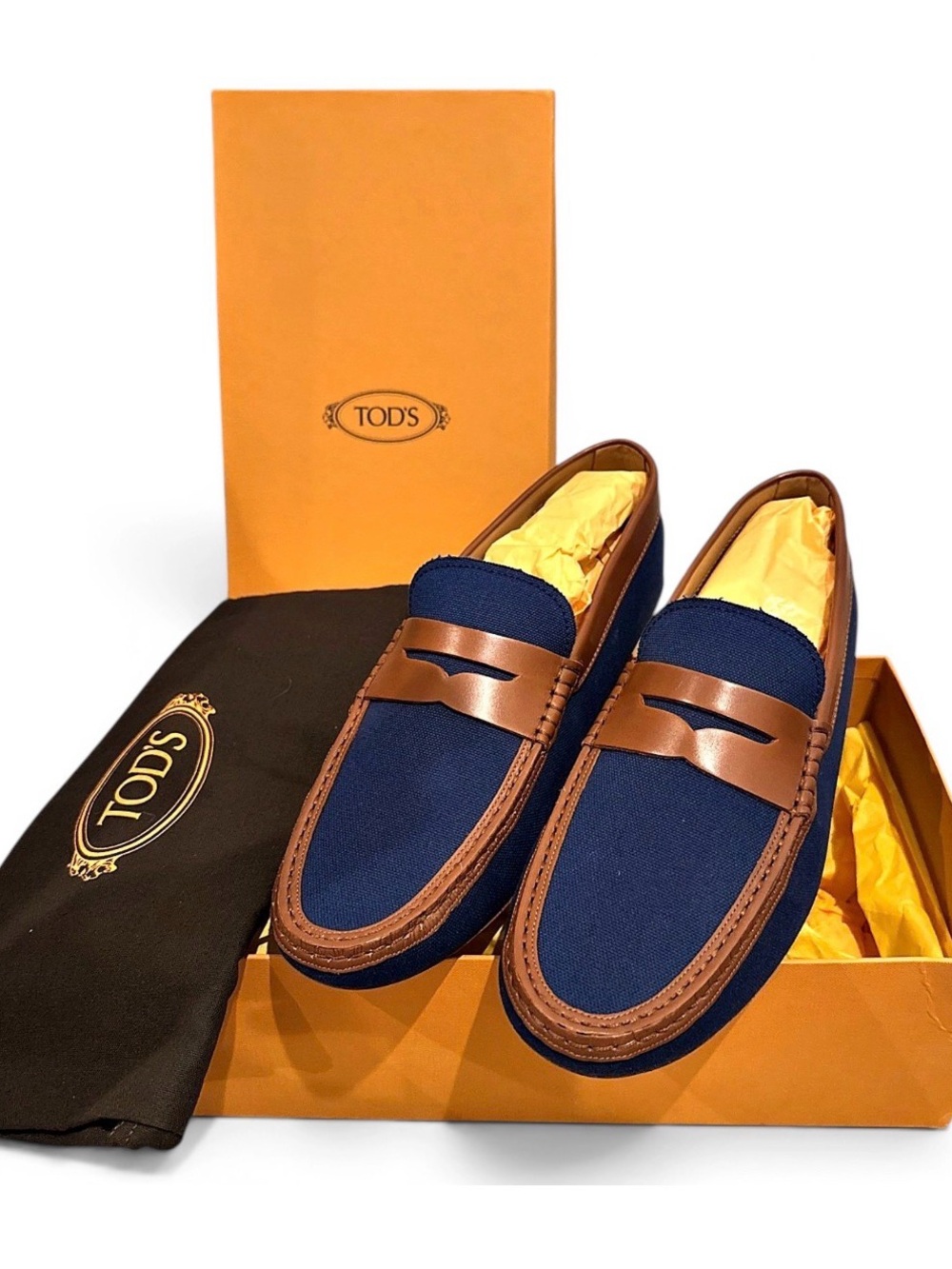 Tod's Navy and Brown Leather Penny Loafers